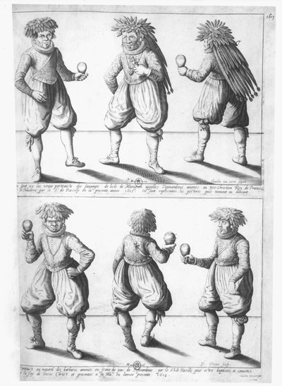 Leden van de Tupinambras-stam naar de koning van Frankrijk in Parijs gebracht om gedoopt en bekeerd te worden tot het christendom, 1613 door Joachim Duviert